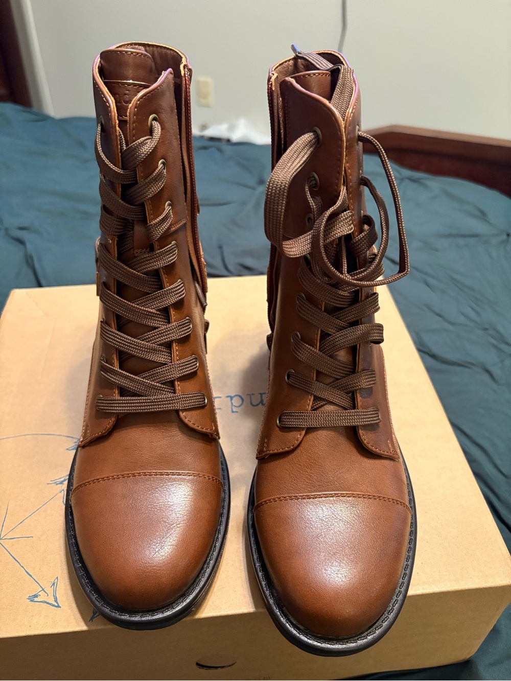 Indigo Cognac Brown Lace-Up Leather-Style Boots with Side Buckle - Picture 5 of 6